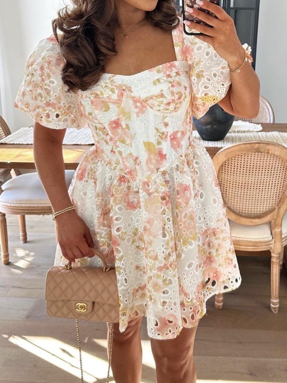 Altar'd State White Eyelet Mini Dress with Pastel Floral - Picture 2 of 9